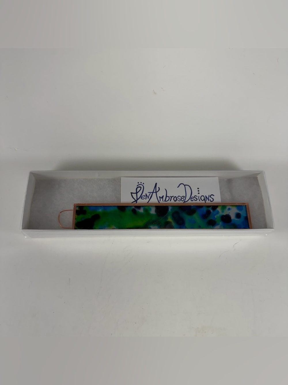 Jen Ambrose Designs Handmade Art Glass Copper Bookmark Blue Green NEW